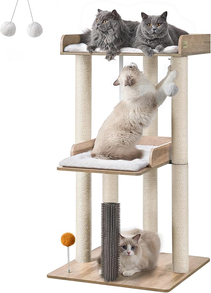 FourFurPets 43.7" Cat Tree, Modern Cat Tree Tower, Cat Tower for Indoor Cats Large Adult, Cat Condo with Scratching Post, Large Perch and Removable Pads, Greige