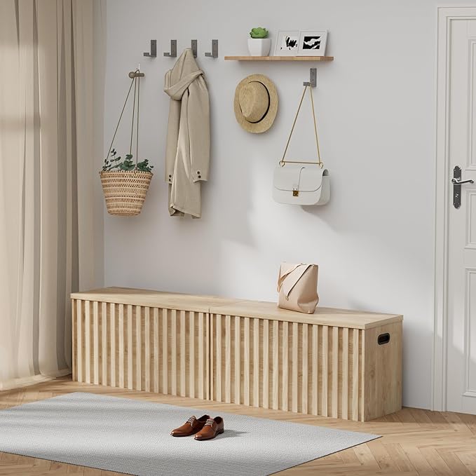 UEV Storage Bench Set of 2, 39.4" Wood Storage Trunk with 2 Safety Hinges, Sturdy Storage Chest, Fluted Storage Bench for Bedroom, Shoe Bench for Entryway, Living Room (Ivroy White)