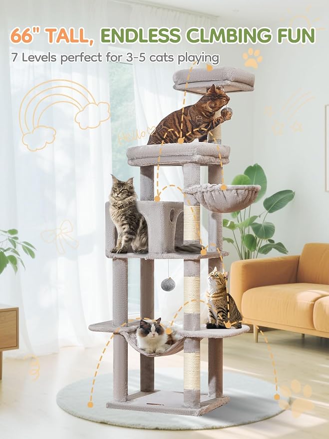 Taoqimiao MS042W Cat Tree,66-inch Large Cat Tower with Scratching Posts, Luxurious Large Platform for Big Cats with Soft Hammock, Adjustable Basket, Deluxe Cat Cando, Top Perch Light Gray