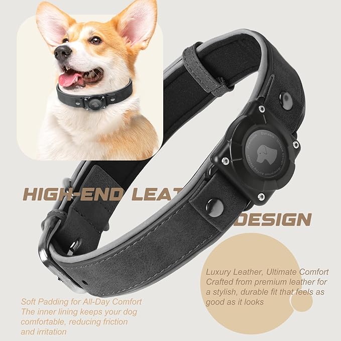 AirTag Dog Collar - Leather Dog Collar with Air Tag Holder | IPX8 Waterproof, Reflective, High - End, Adjustable Soft Padded | Dog GPS Tracker Collars Fit for Medium Large Dogs (Black, L)