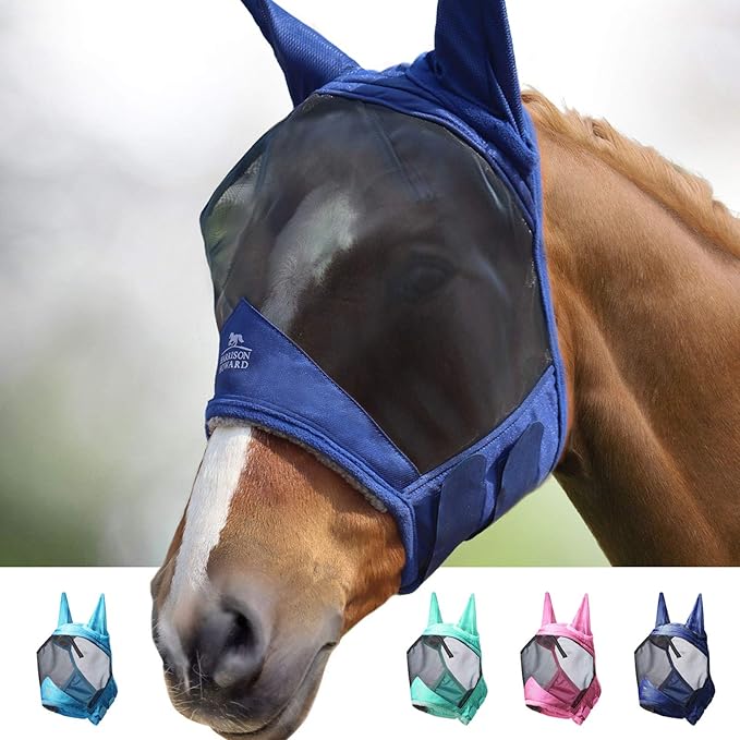 Harrison Howard CareMaster Pro Luminous Horse Fly Mask Large Eye Space Standard with Ears UV Protection for Horse Navy M Cob