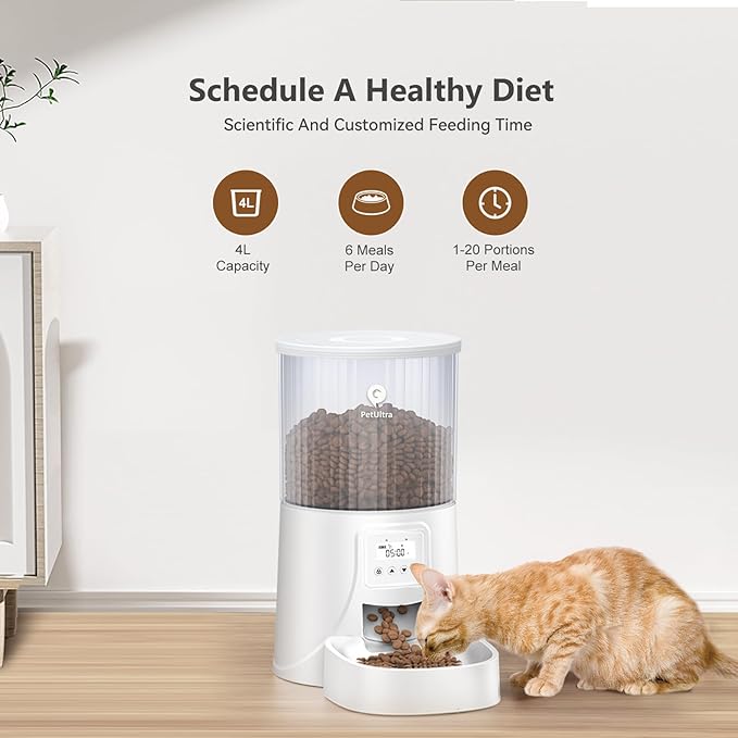 Automatic Cat Feeder: 4L Timed Cats Food Dispenser Programmable 1-6 Meal for Cat and Small Medium Dog- Auto Pet Feeder Dual Power Supply with Desiccant Bag& | Easy to Clean White