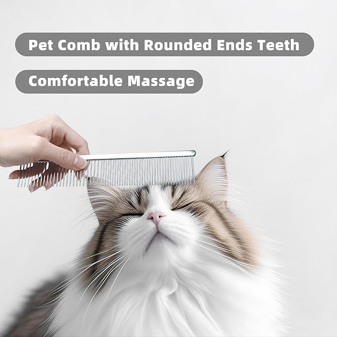 Stainless Steel Dog Comb - Cat Combs with Rounded Ends Teeth - Professional Metal Pet Grooming Removes Tangles Knots for Dogs Cats 7.6IN/1.42IN