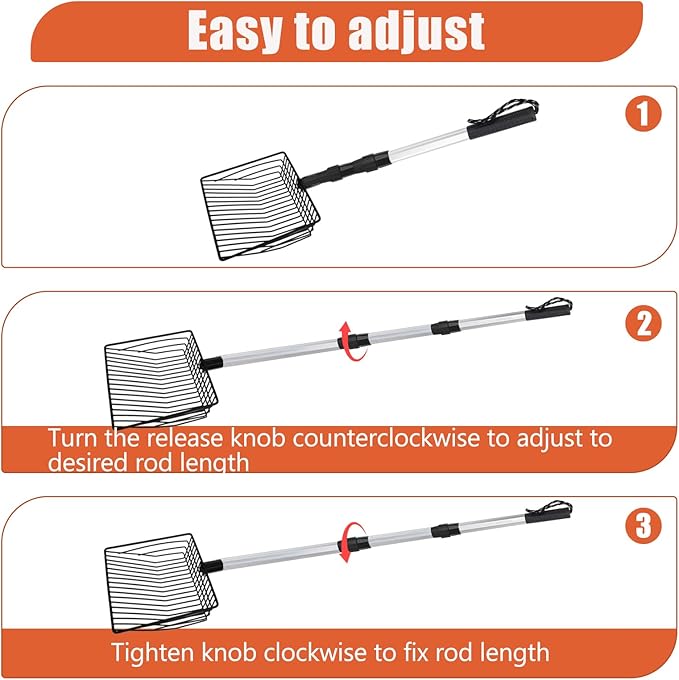 Esmorah Chicken Poop Scooper for Sand & Coop Cleaning - Sifting Shovel with 22"-40" Adjustable Handle, 3 Lengths Heavy Duty Stainless Steel Sifter