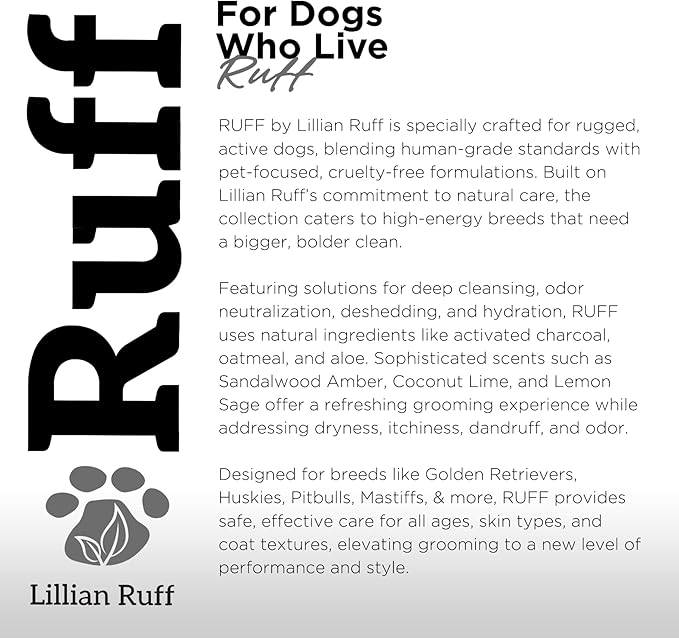 Ruff by Lillian Ruff Activated Charcoal Pet Shampoo – Deep Cleanser, Deodorizer, Stain Remover – Lemon Sage Scent, pH Balanced, Hydrate Dry Itchy Skin – Safe for Puppies & Mature Dogs