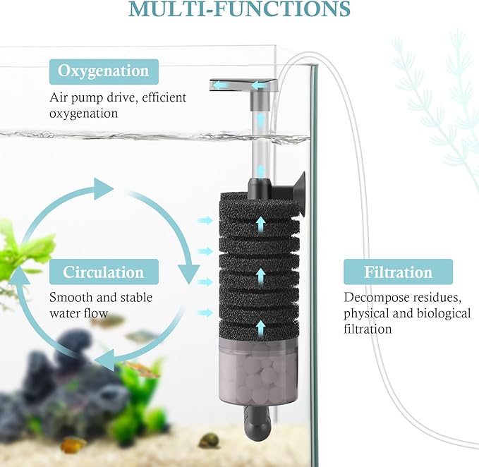 Air Powered Aquarium Sponge Filter with Biochemical Sponge and Ceramic Balls, Quiet Submersible Fish Tank Filter for 15-40Gallon （L-8.7in）