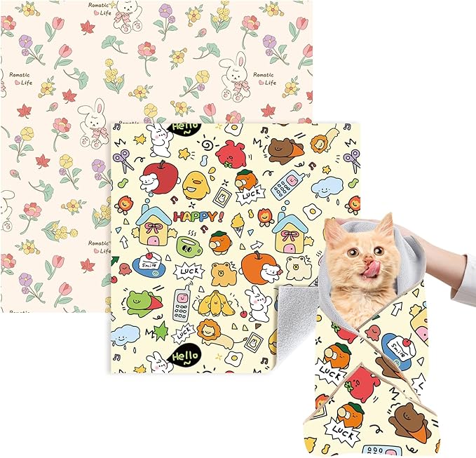 Cat Grooming Wrap, 2pcs [M+L] Cat Restraint Wrap for Nail Clipping, Ear Cleaning, and Teeth Brushing, Self-Adherent, Anti-Bite, Anti-Scratch, Anti Scratch, Pink+Yellow