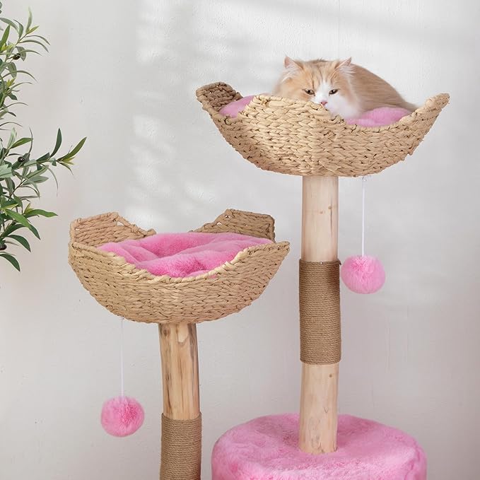 Modern Cat Tree for Indoor Cats, Large Adult 46" Tall, Wooden Cat Tower with Scratching Post, Luxury Cat Condo, Pink