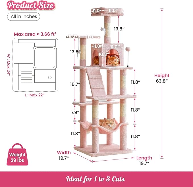 MWPO 63.8-Inch Pink Cat Tree for Indoor Cats, Multi-Level Cat Tower with Sisal-Covered Scratching Posts, Padded Platform, Hammock, Dangling Toys, Stable Cat Condo Pet Play House