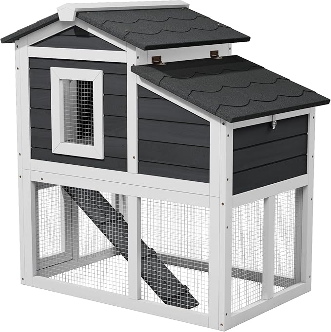 Bunny Cage Premium Rabbit Hutch with Leak-Proof Roof, 2-Story Bunny House for Guinea Pigs & Hamster,Wooden Chicken House with Deep Pull-Out Tray, Waterproof Chicken Coop for Outside (Grey)