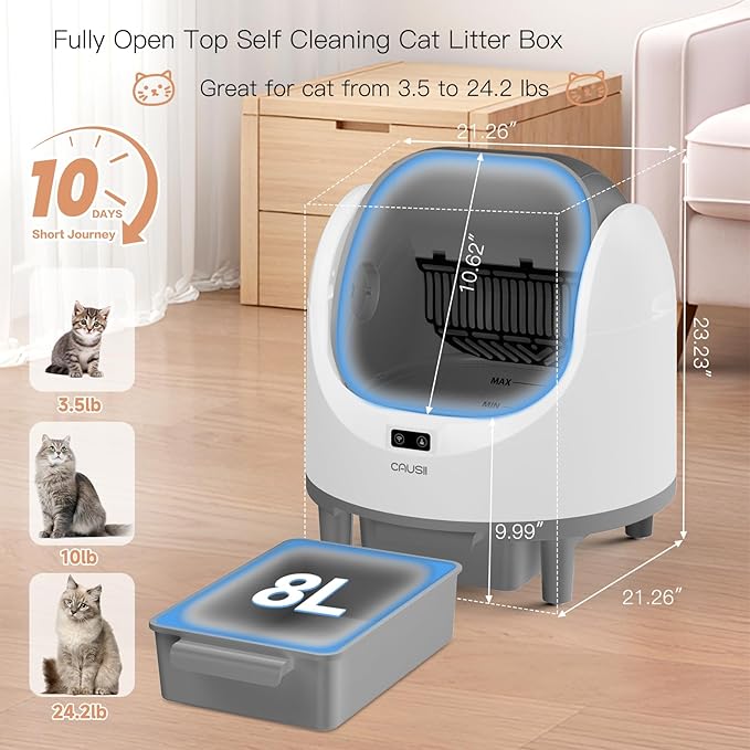Automatic Litter Box, [Safe Anti-Pinch] CAUSII Large Capacity Self-Cleaning Cat Litter Box for Multiple Cats, App Control, Quiet & Odor-Free,for 3.5-24.2LB, with 30PCS Garbage Bags,Litter Mat