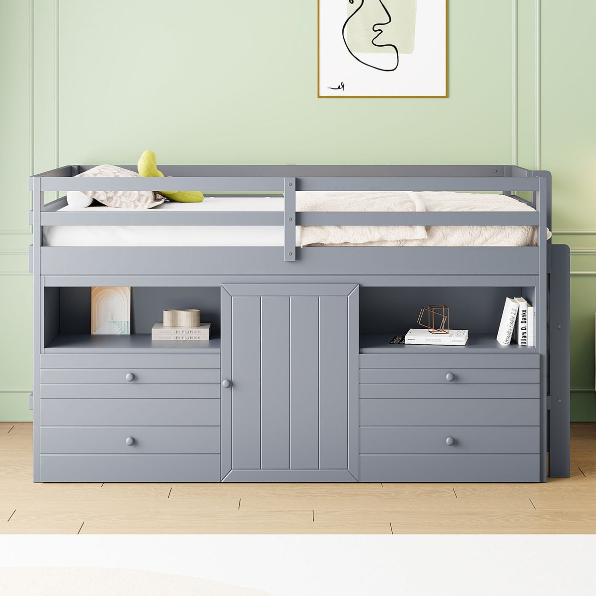 Loft Bed With 4 Drawers, Underneath Cabinet And Shelves