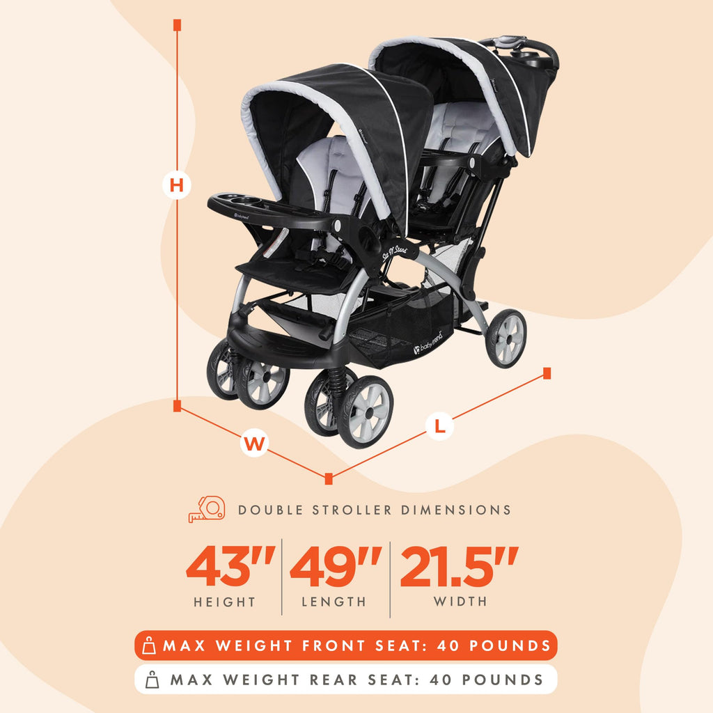Baby Trend Double Infant and Toddler Stroller w/ Harness and Basket, Sit N' Stand, Stormy - Convertible Twin and Tandem Strollers for Babies