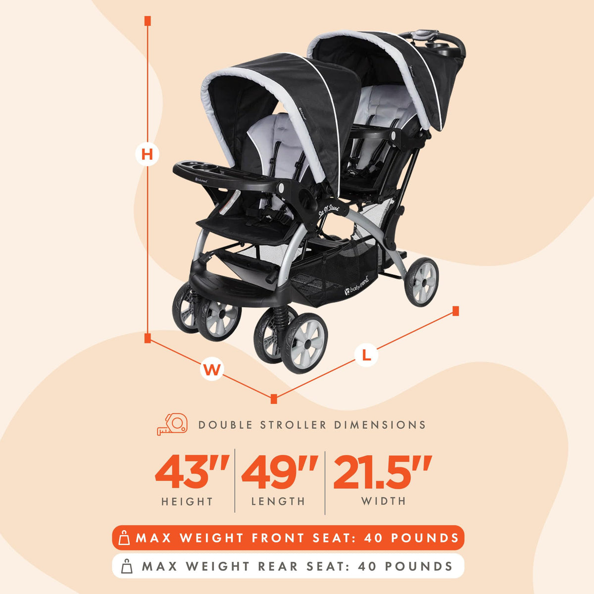 Baby Trend Double Infant and Toddler Stroller w/ Harness and Basket, Sit N' Stand, Stormy - Convertible Twin and Tandem Strollers for Babies