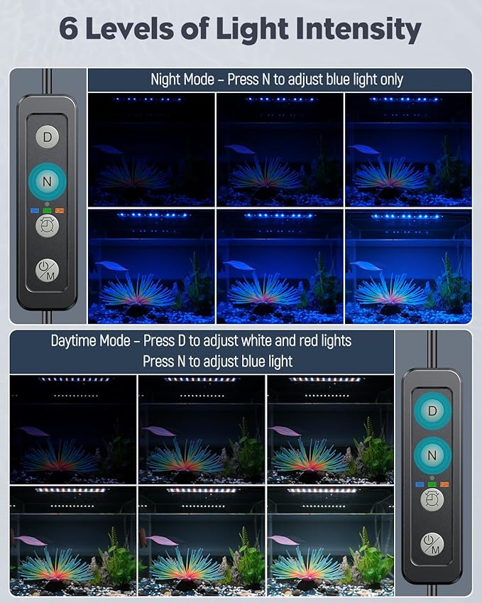 Pawfly 5 W Aquarium LED Light 11 Inch Underwater Fish Tank Light with Full Spectrum IP68 Waterproof White Blue Red Lights with Daytime & Night Mode Timer Auto On/Off and Adjustable Brightness
