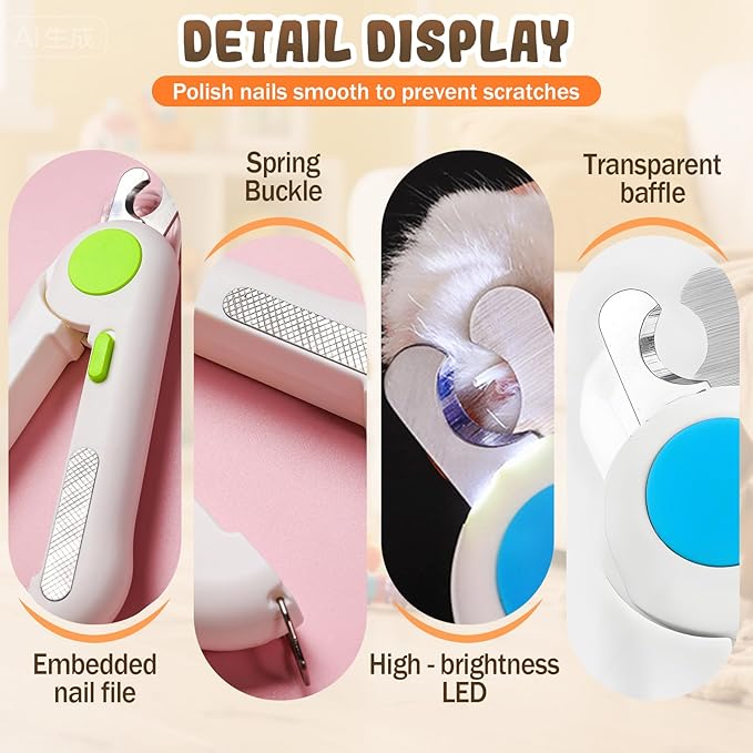 Pets Nail Clippers with Light, Cat Dog Nail Clippers with Built-in Nail File, Sharp Blades, Portable Cat Nail Clipper, Cats Claw Trimmer, Adjustable Claw Clippe for Cats (Style C)