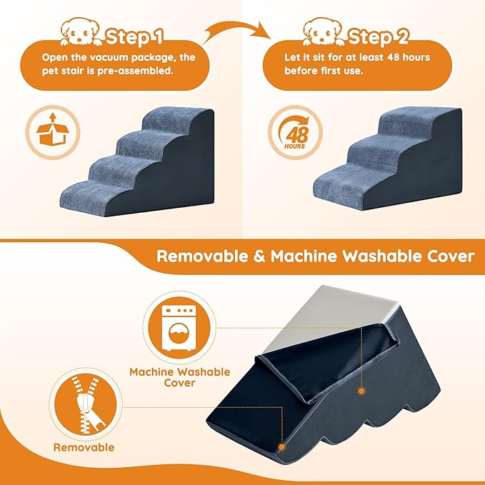 Navy Portable Pet Steps - 4-Step Dog & Cat Ramp for Bed, Couch, Sofa & Chairs - Non-Slip, High Density Foam