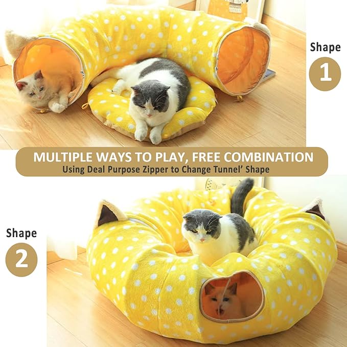 AUOON Cute Cat Donut Tunnel - Round Cat Tunnel Bed with Washable Cushion Interactive Cat Toy for Indoor Cats Kitten Kitty Puppy Rabbit Ferret (Yellow)