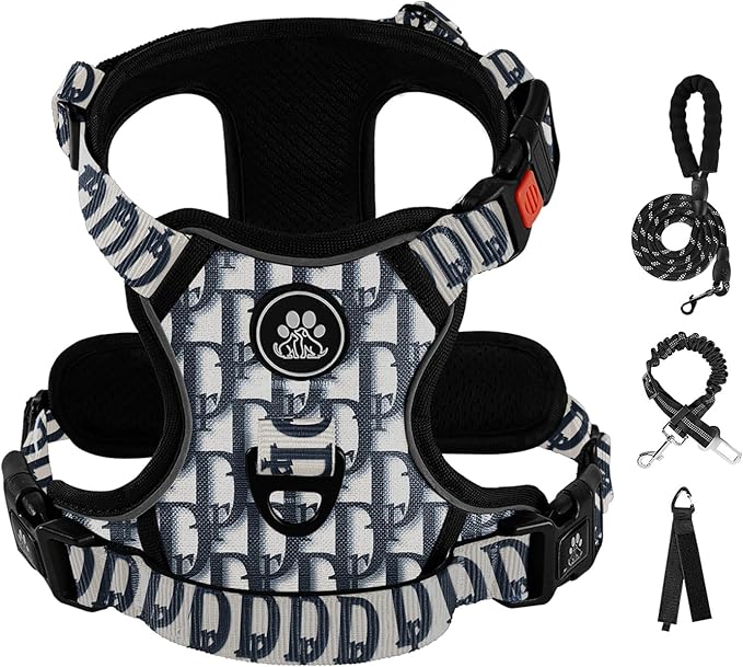 IVY&LANE No Pull Dog Harness with Leash Set, Reflective No Choke Pet Vest,Adjustable Oxford Dog Vest Harness with Easy Control Handle for Medium Dogs (Vintage Blue,M)