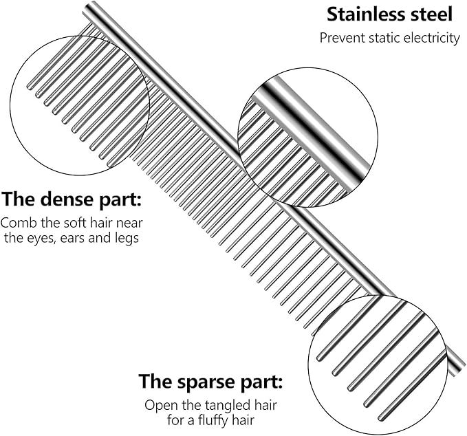 3 Pcs Stainless Steel Combs for Matted Hair - Grooming Clippers with Guide Combs for Removing Tangles and Knots in Long Haired Dogs and Cats