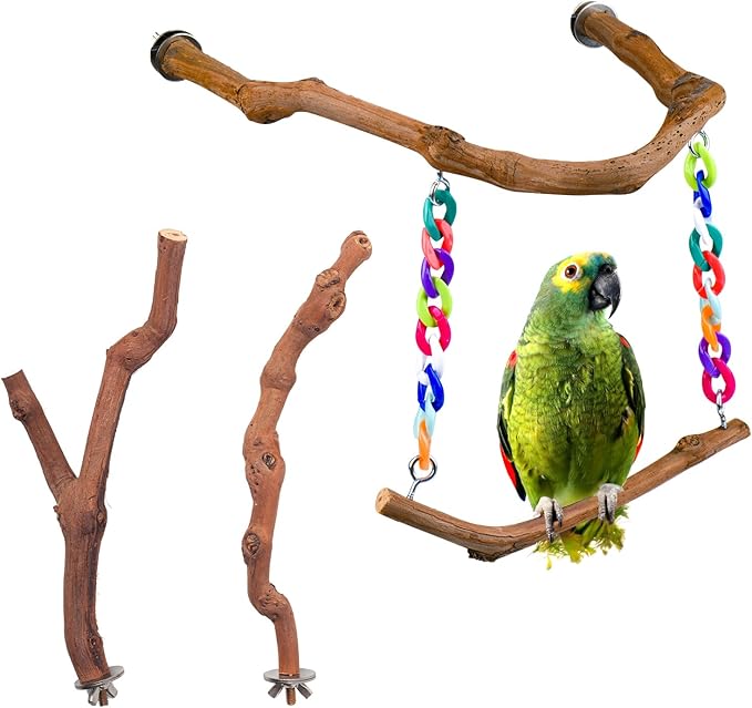 Bird Swing Toys, Standing Bird Perch with Natural Grape Wood, U Shape Hangable Birdcage Accessories, Birds Chewing Toy for Budgerigars, Parakeets, Cockatiels, Conures, Lovebirds, Finches (3Pack)