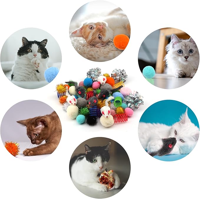 60 Pack Cat Toys - Assorted Kitten, Mouse, Crinkle & Pom Pom Balls