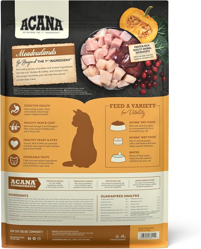 ACANA Grain-free Dry Cat Food Meadowlands Chicken Turkey Fish and Cage-Free Eggs 10lb Bag
