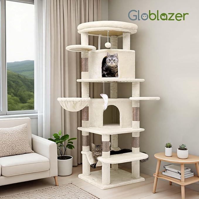 Globlazer Corner Cat Tree Tower for Large Cat, 66inch Tall Large Cat Tree Condo for Multiple Indoor Cats with 6 Scratching Posts, 2 Spacious Cat Condos, Soft Hammock, Hanging Basket, C66, Light Beige