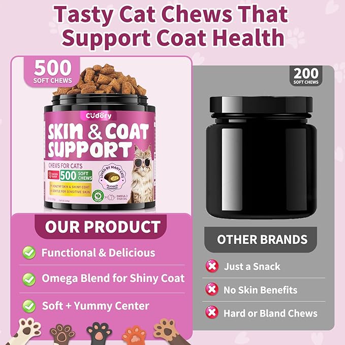 Natural Skin and Coat Support for Cats - Crunchy & Creamy Chews with Omega 3, Biotin & Vitamin E for Healthy Skin, Shiny Fur, Cat Supplements & Vitamins -Chicken（500 Chews