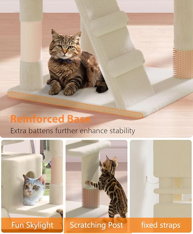 77'' Cat Tree Tower for Indoor Cats Large Adult, Cute/Tall Modern Cat Tree for Big Cats 20 lbs, Plush Multi-Level Cat Condo with Scratching Posts, Dangling Ball for Fun Play (Beige, 77 inch)