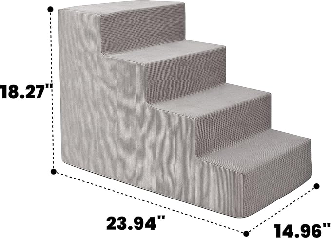 MEWANG Dog Stairs for Small & Medium Dogs and Old Cats –3/4/ 5 Steps High-Density Foam Pet Ramp for Bed & Couch, Non-Slip, Washable Cover, Grey (Square Corner, 4 Steps: 23.94''×18.27''×14.96'', 2)