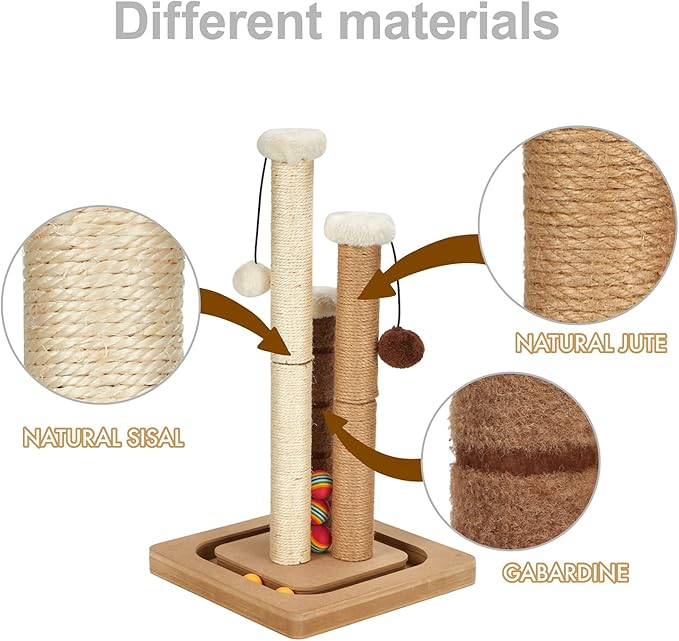 Cat Scratching Post Premium Natural Sisal Jute Carpet 3 Scratch Posts with Interactive Track Ball Base and Hanging Balls Toys Kitten Scratcher for Indoor Kittens and Small Cats