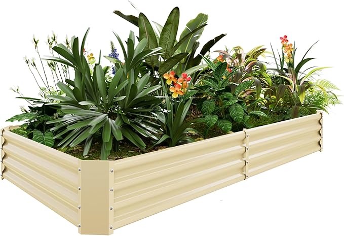 Land Guard 8×4×1ft Galvanized Metal Raised Garden Bed, Metal Planter Kit Box Outdoor for Deep-Rooted Vegetables, Flowers, Green and Herbs (Cream Yellow)…