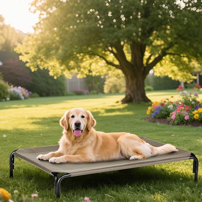 Elevated Dog Bed for Outdoor, XL Raised Dog Cot with Washable Mesh, Cooling Pet Cot Chew Proof for Outside Camping, 47 inch Brown