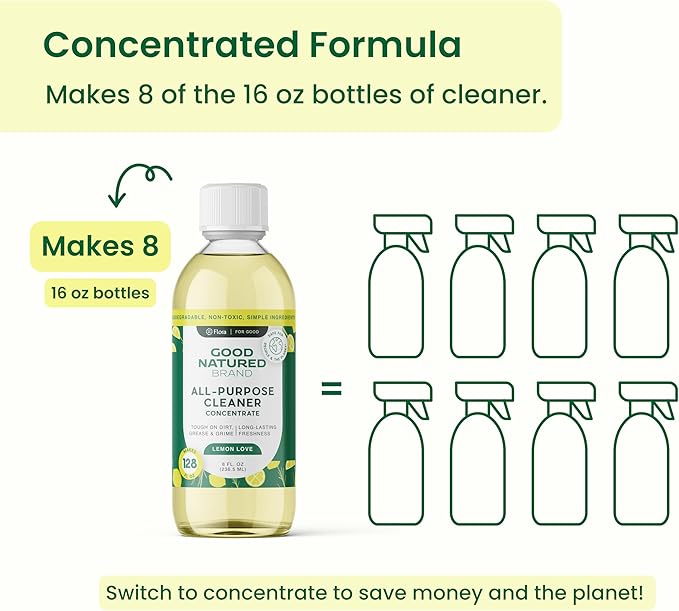 Good Natured Brand All-Purpose Cleaner Concentrate | Multi-Surface Cleaner | Natural Lemon Essential Oil | Multipurpose Cleaner Concentrate All Surfaces | Lemon Love | 8oz makes 128oz