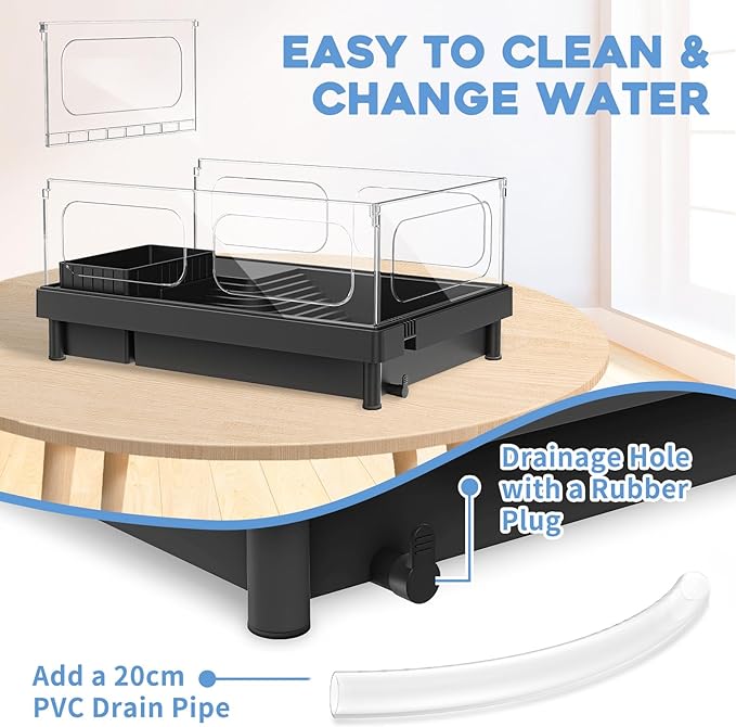 Small Turtle Tank, Aquarium, Acrylic Terrarium with Basking Platform, Bottom Drainage, Multi-Function Areas for Turtles, Crabs, Crayfish, Reptiles.(Black+Filter)