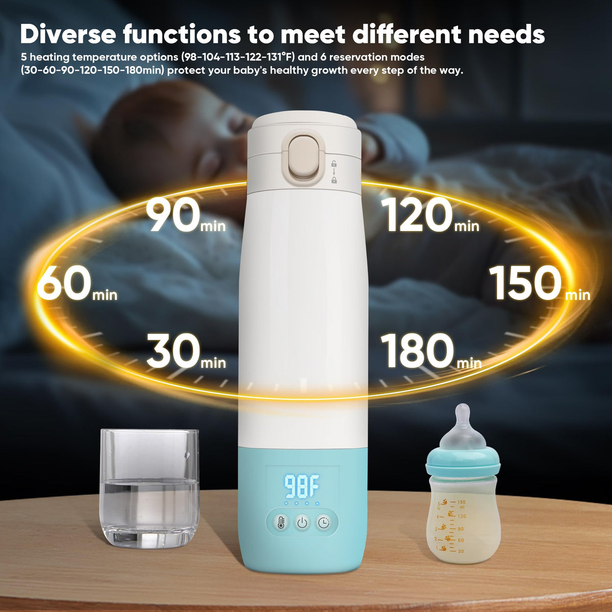 Portable Bottle Warmer for Travel, Bottle Warmer On The Go with Quick Heating, Preset Modes and PreciseTemperature Control, Water & Milk Warmer with Long Battery Life, Blue