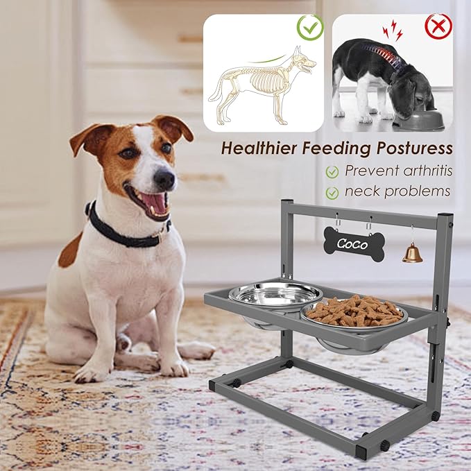 SHAINFUN Elevated Dog Bowls - Raised Stand with 2 Stainless Steel Bowls, Adjustable Height Feeder for Small and Medium Dogs, Puppies, Cats - Grey