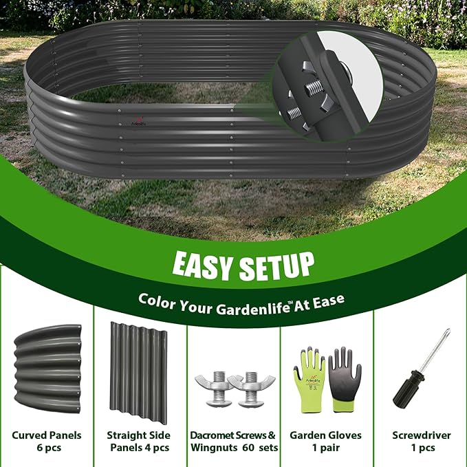 A ANLEOLIFE 8X4X1.5 ft Galvanized Raised Garden Beds Outdoor, Oval Large Metal Planter Box for Planting Vegetables Flowers Herb, Anti-Rust & Easy-Setup, Quartz Grey