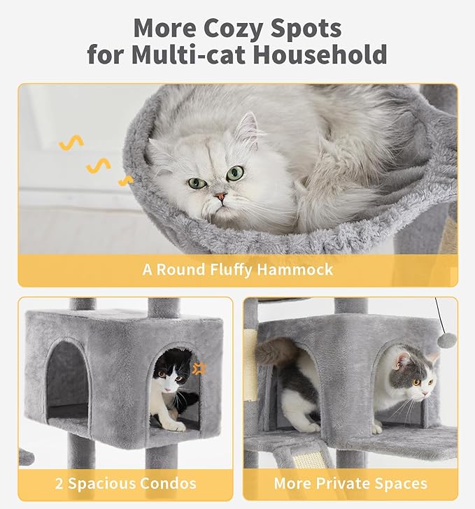 Made4Pets Tall Cat Tree, 80" Cat Tree Tower for Indoor Cats Large Adult, Modern Cat Tower with Scratching Post, Cozy Hammock, 3 Perches and 2 Condos, Sturdy and Fluffy, Light Gray