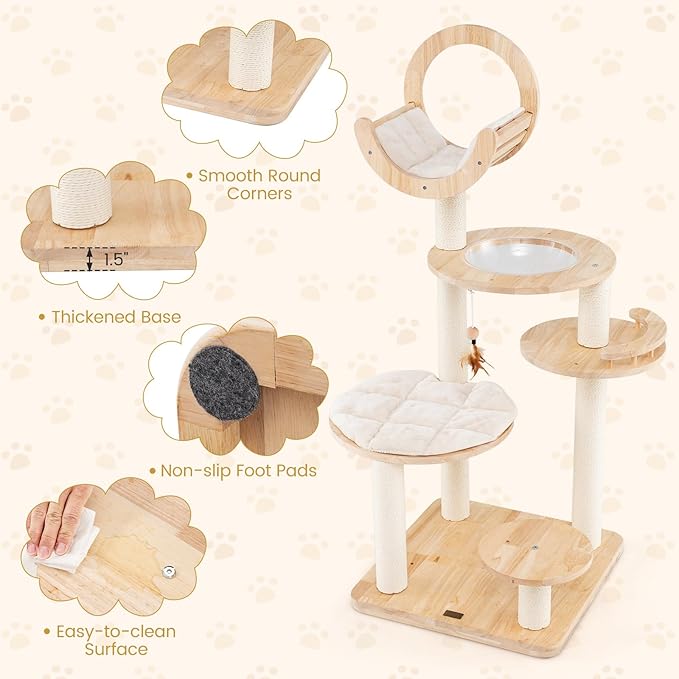 PETSITE 57 Inches Tall Wooden Cat Tree, Multi-Level Cat Tower with Scratching Posts, Space Capsule Bed, Padded Platform and Hanging Ball, Modern Transformable Cat Tree Tower for Indoor Cats Large