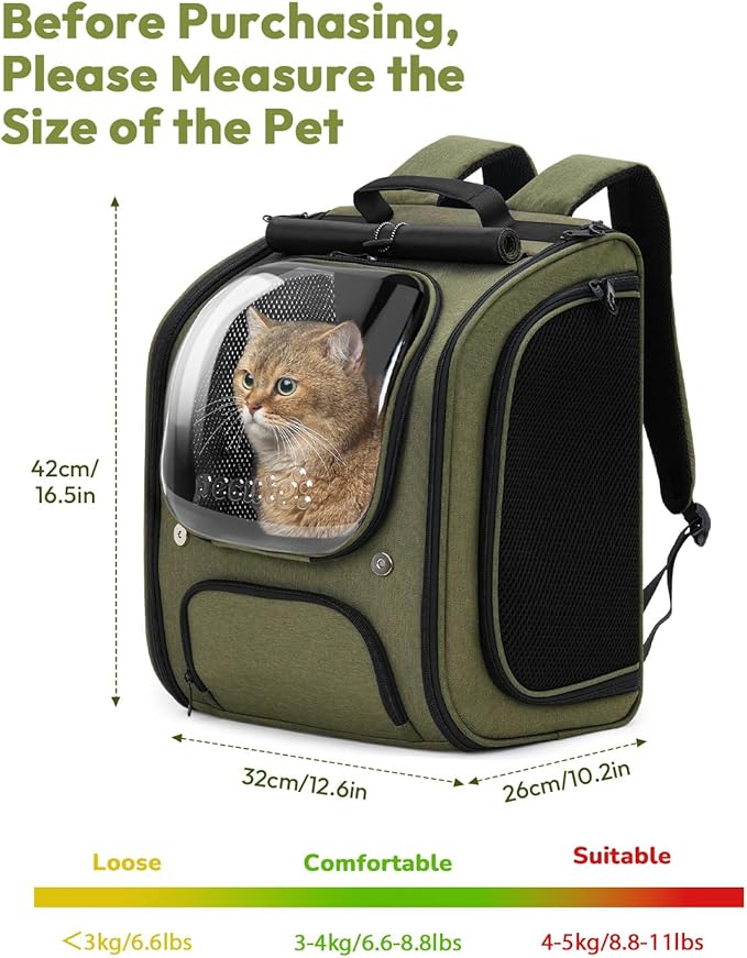 Pecute Cat Backpack Carrier, Large Space Cat Bubble Backpack, Breathable Cat Carrier, Shaded Dog Backpack Carrier, Ergonomic 3D Design for Travel, Hiking, Suitable for Shopping, and Vet, Green