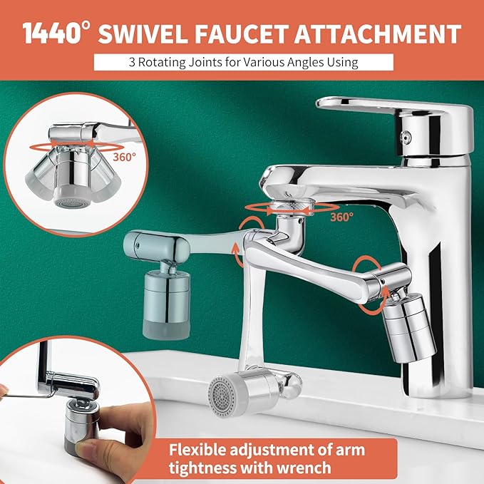 CECEFIN 1080° Swivel Faucet-Extender Sink-Aerator - 2 Mode Splash Water Filter Extension, Kitchen Bathroom 360° Rotatable Spray Attachment, Multifunctional Universal Robotic Arm -Wash Hand/Hair/Face