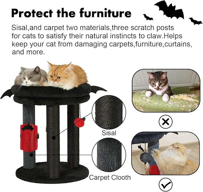 MECOOL 4in1 Small Cat Tree,Scratching Post with Tower Soft Bed, Sisal Carpet Jute Posts with Three Hanging Ball Toys and Massage Brush for Indoor Cats and Kittens
