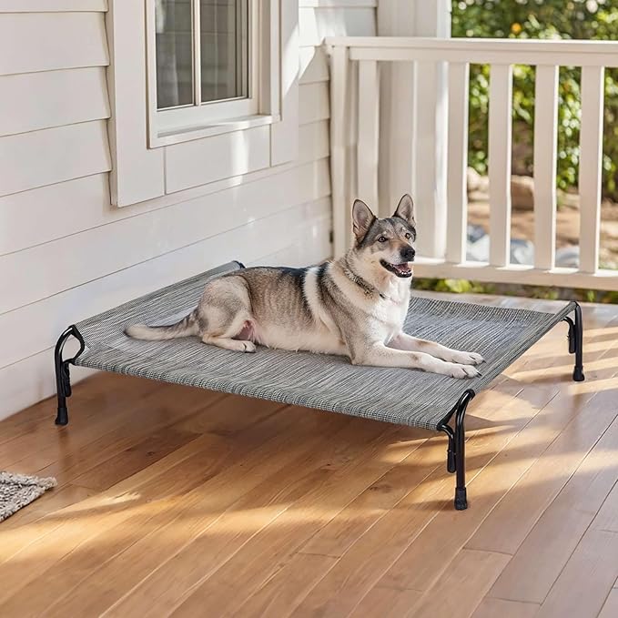 Veehoo Outdoor Elevated Dog Bed, Raised Dog Cot for Large Dogs, Cooling Washable Waterproof Pet Hammock Beds with Slope Headrest, Breathable Mesh and Sturdy Frame, Large, Black Silver, CWC2204