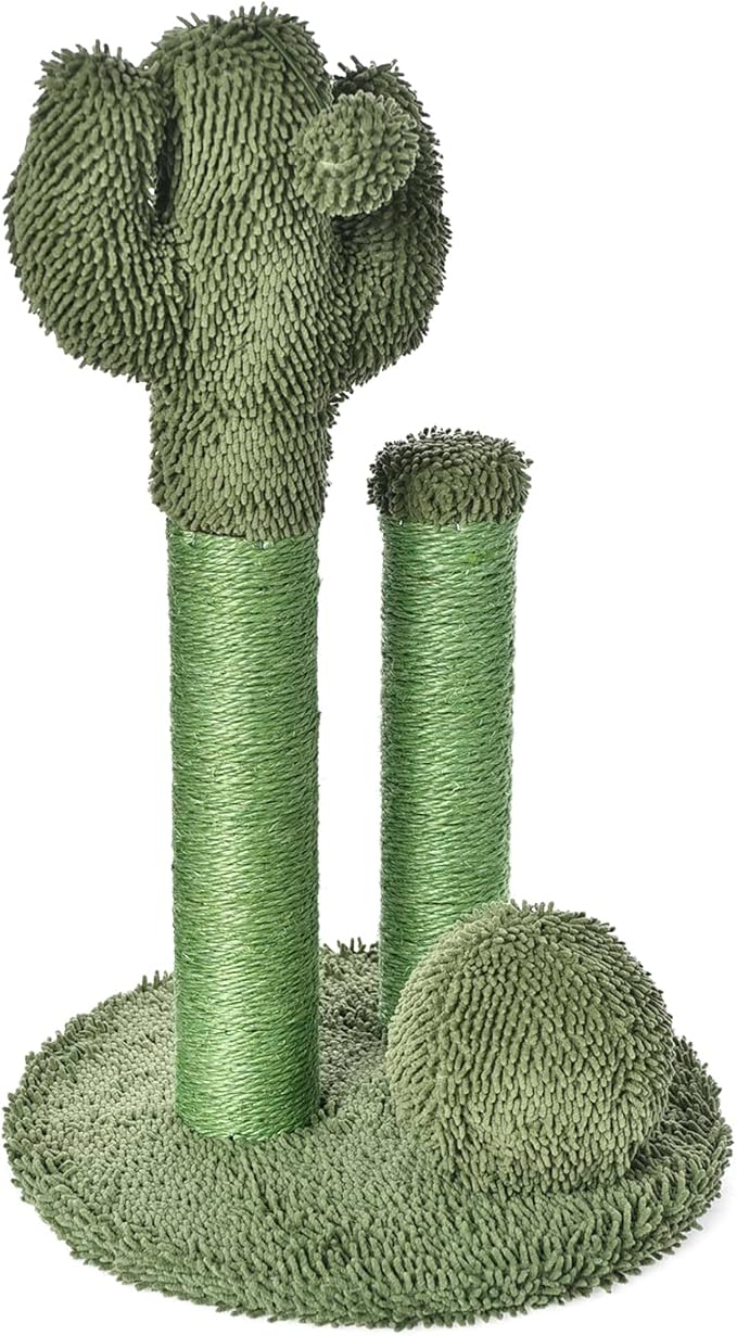 Amazon Basics Cat Scratcher - Indoor Cactus Triple Posts Cat & Kittens Scratching Post with Dangling Ball, Large (27"H) - Green