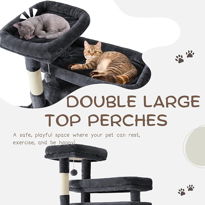 Cat Tree, 80-Inch Large Cat Tower with 9 Scratching Posts, 2 Perches, 2 Caves, 2 Basket, 2 Stairs, Extra Large Hammock, Pompoms, Multi-Level Plush Cat Condo for Indoor Cats/Smoky Grey