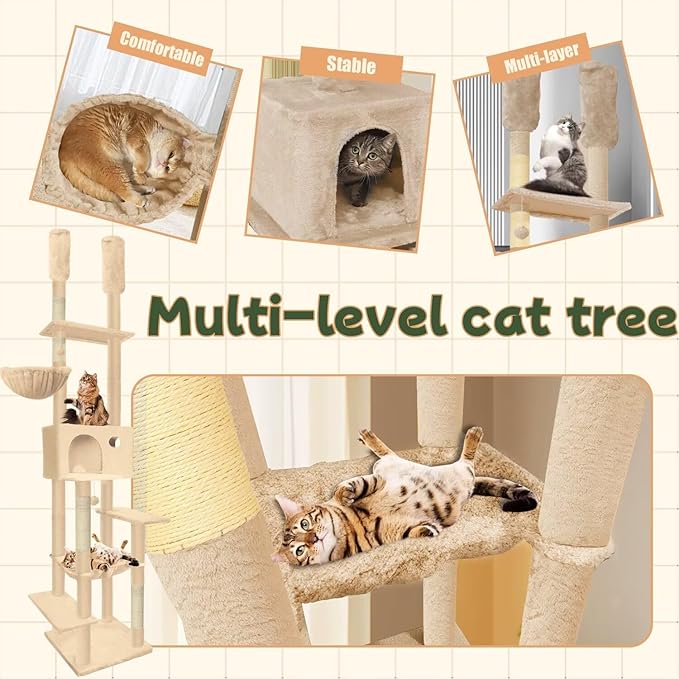 96.5"-108" Cat Tree Floor to Ceiling 7-Tier Cat Tower Adjustable Height with Scratching Posts, Cozy Hammock, Cat Condo for Indoor Cats(Beige)