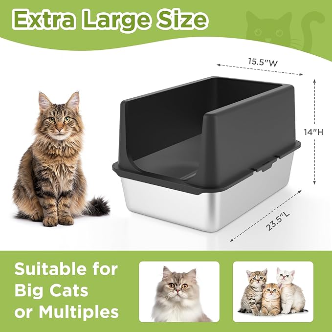Stainless Steel Litter Box, Large Litter Box with Lid, Splash Proof, or Rusts, Black (23.5" L x 15.5" W x 14" H)