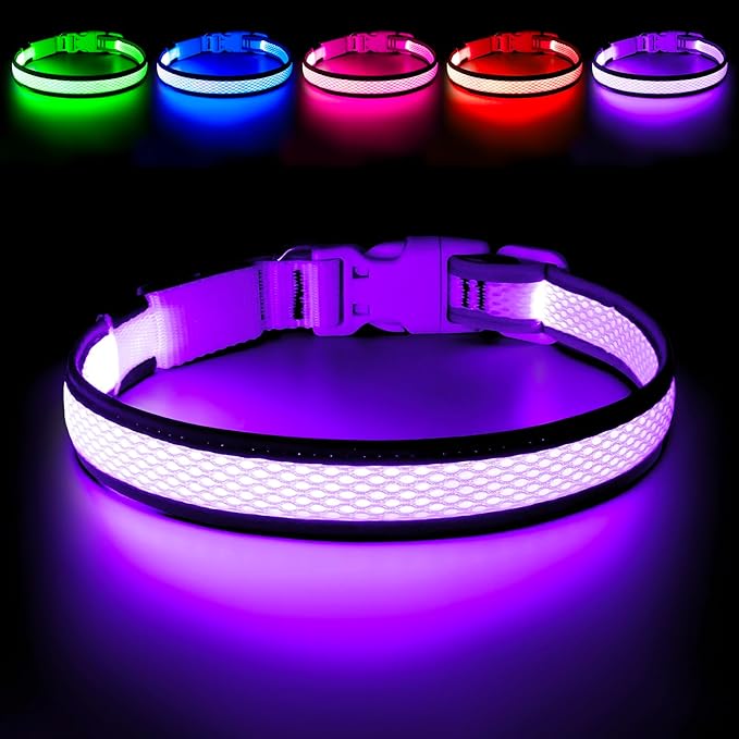 Flashseen LED Dog Collar, USB Rechargeable Light Up Dog Collar Lights, Adjustable Comfortable Soft Mesh Safety Pet Collar for Small, Medium, Large Dogs (Purple, Small)